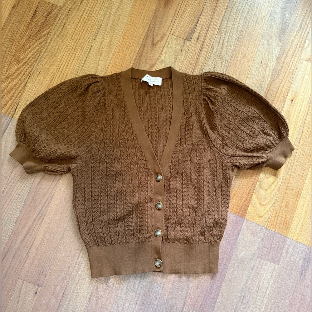 Sezane ☀️ Brown Puff-Sleeve Knit Cardigan Sweater - Classic V-Neck